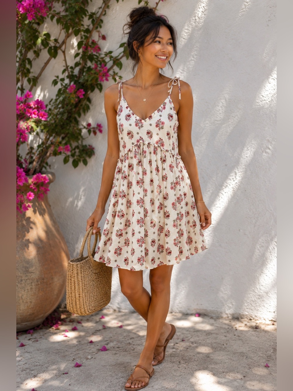 Patrons of Peace Cream Mini Tie Strap Sundress with Red Floral Print Size Medium